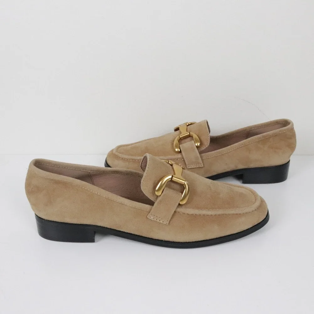 Anthropologie Bibi Lou Zagreb Suede Loafers 39 8 Tan Suede Horsebit Gold Buckle